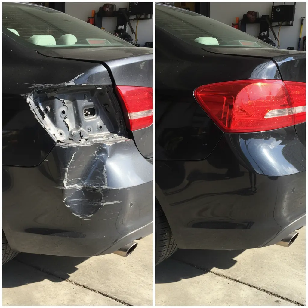 Vorher-Nachher eines reparierten Karosserieschadens